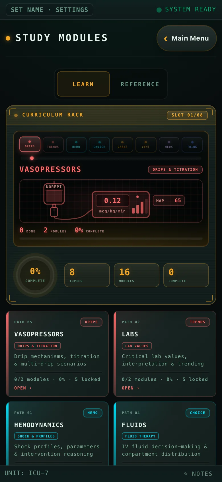 Study Modules curriculum rack with the vasopressors module active, showing a norepinephrine drip visual with dose readout.