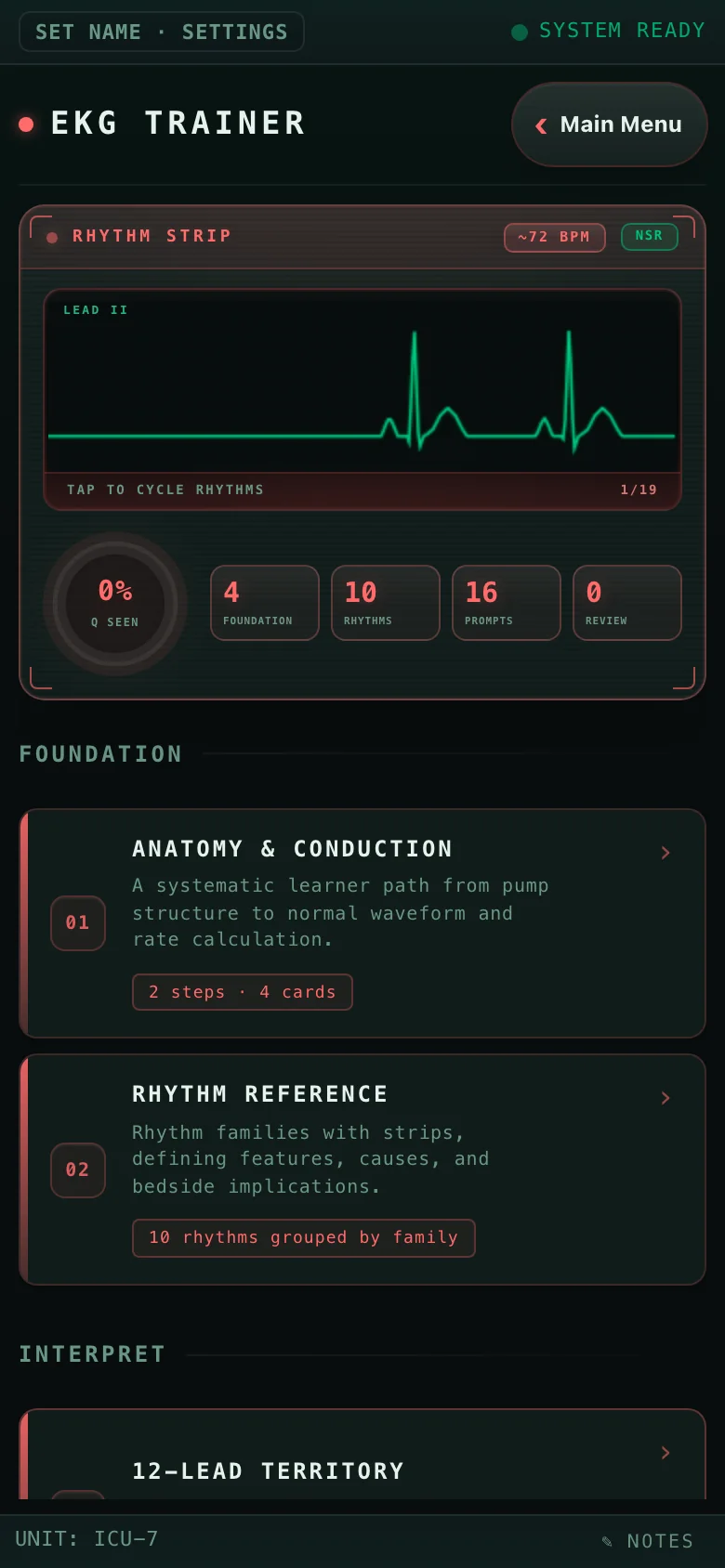 EKG trainer with a live lead II rhythm strip and the foundation curriculum below.