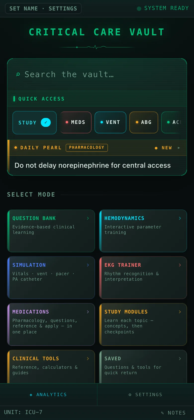 Critical Care Vault home screen with quick access chips, daily pearl, and the module grid