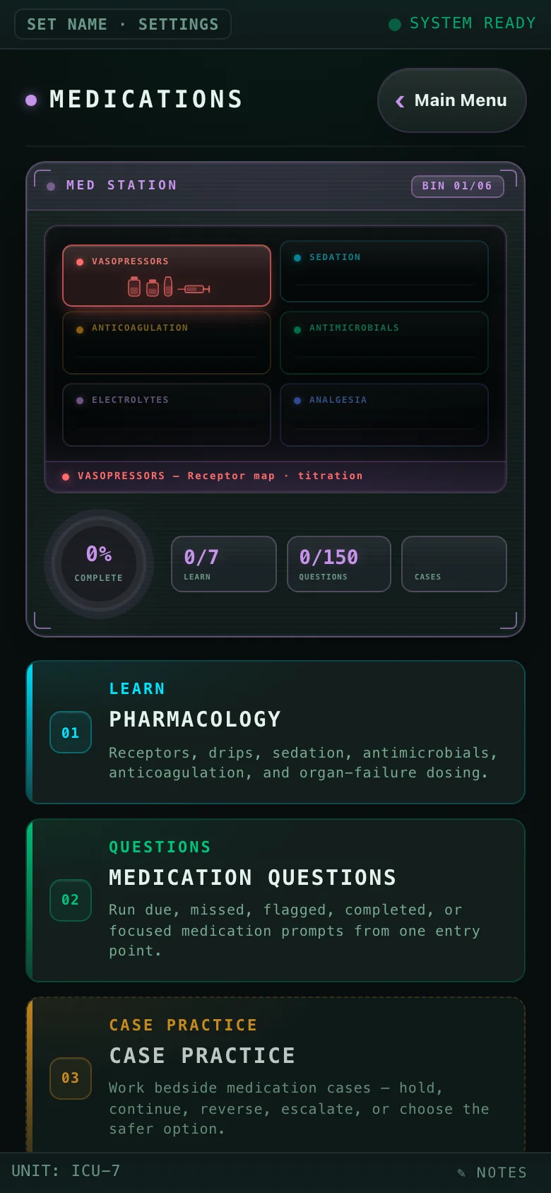 Medications module: med station with six drug-class bins and the pharmacology, questions, and case practice paths.