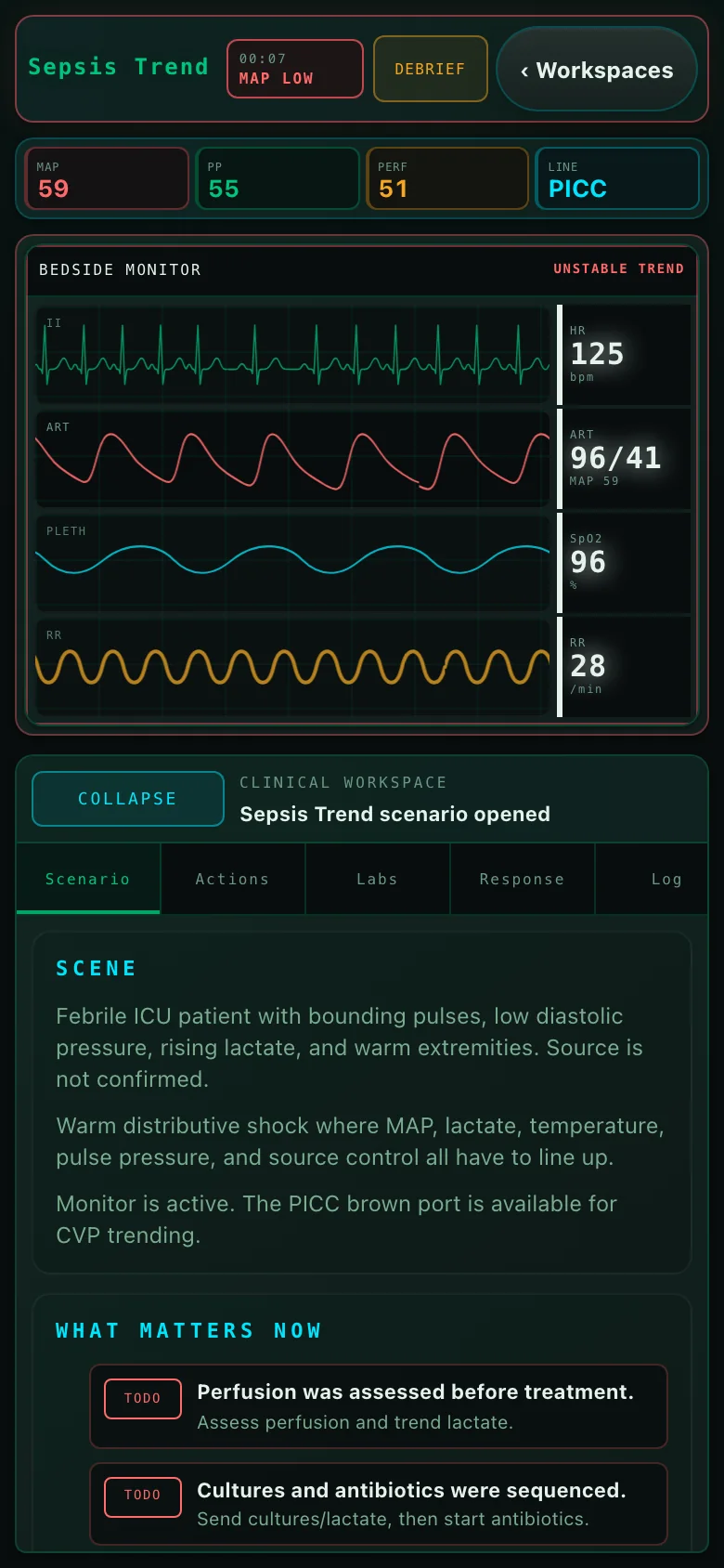Bedside simulation with ECG, arterial, pleth, and respiratory waveforms on a sepsis case