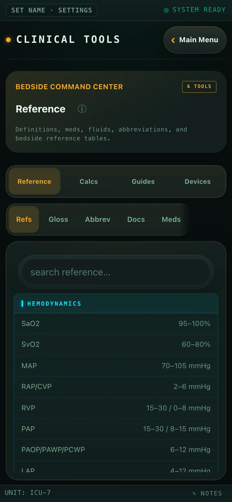 Clinical tools: bedside reference tables with normal hemodynamic ranges, plus calculators, guides, and device tabs.