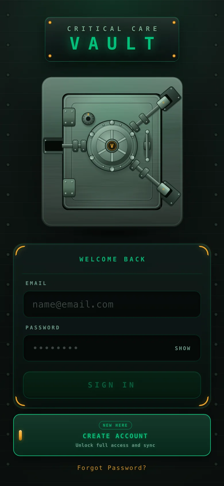 The vault door sign-in screen, where you create a free account to unlock the full library and sync.