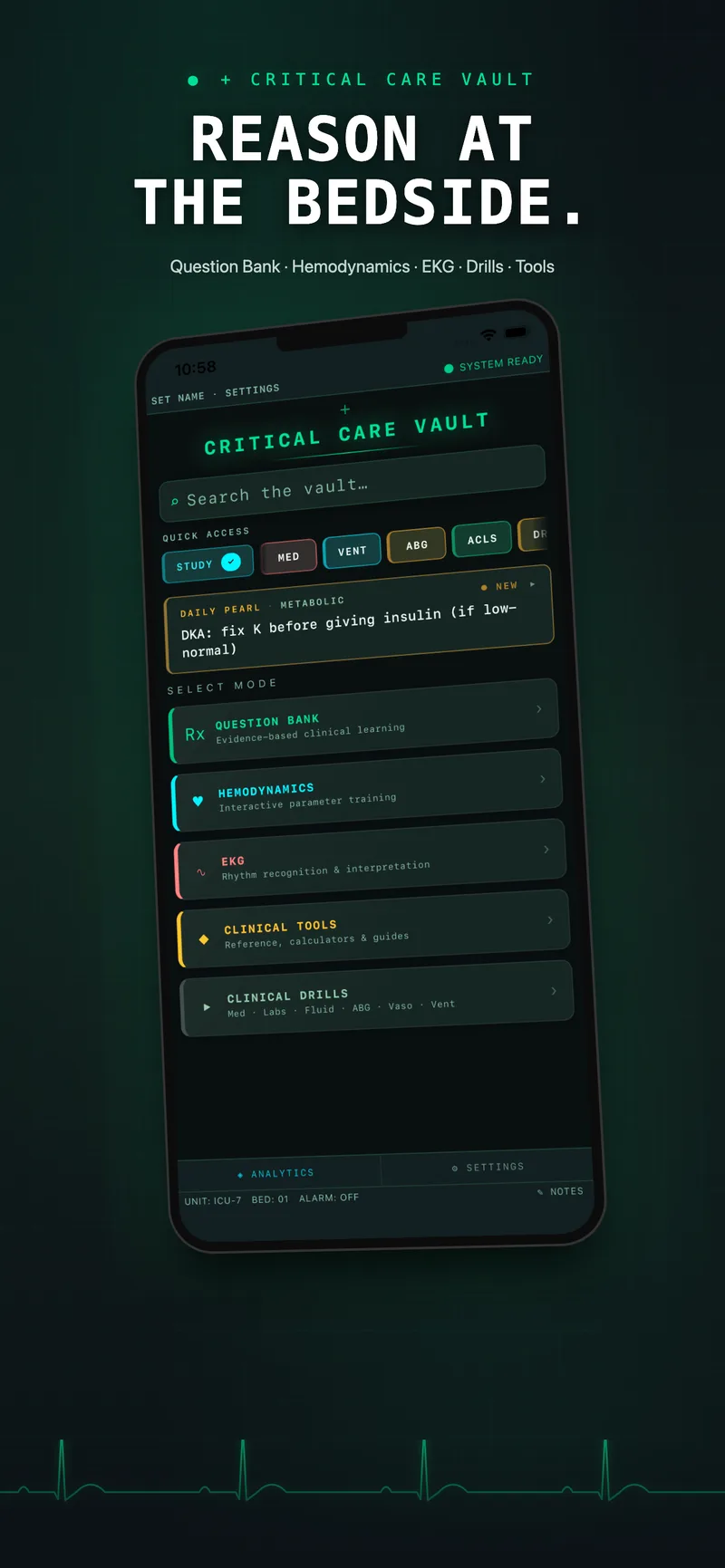 Critical Care Vault home screen showing the search bar, daily pearl, and module cards: Question Bank, Hemodynamics, EKG, Clinical Tools, and Clinical Drills.