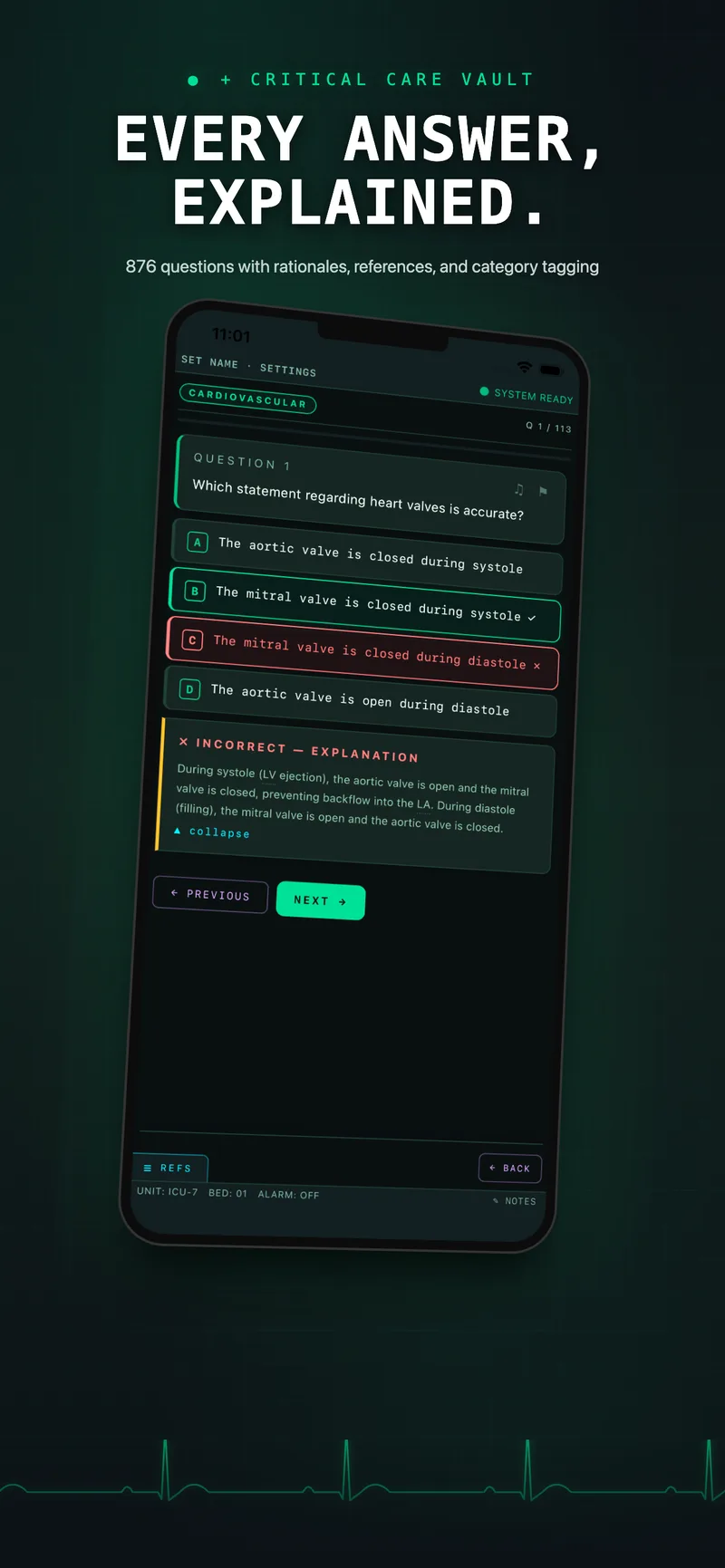 Question bank showing a cardiovascular question with answer choices and a detailed incorrect-answer explanation.