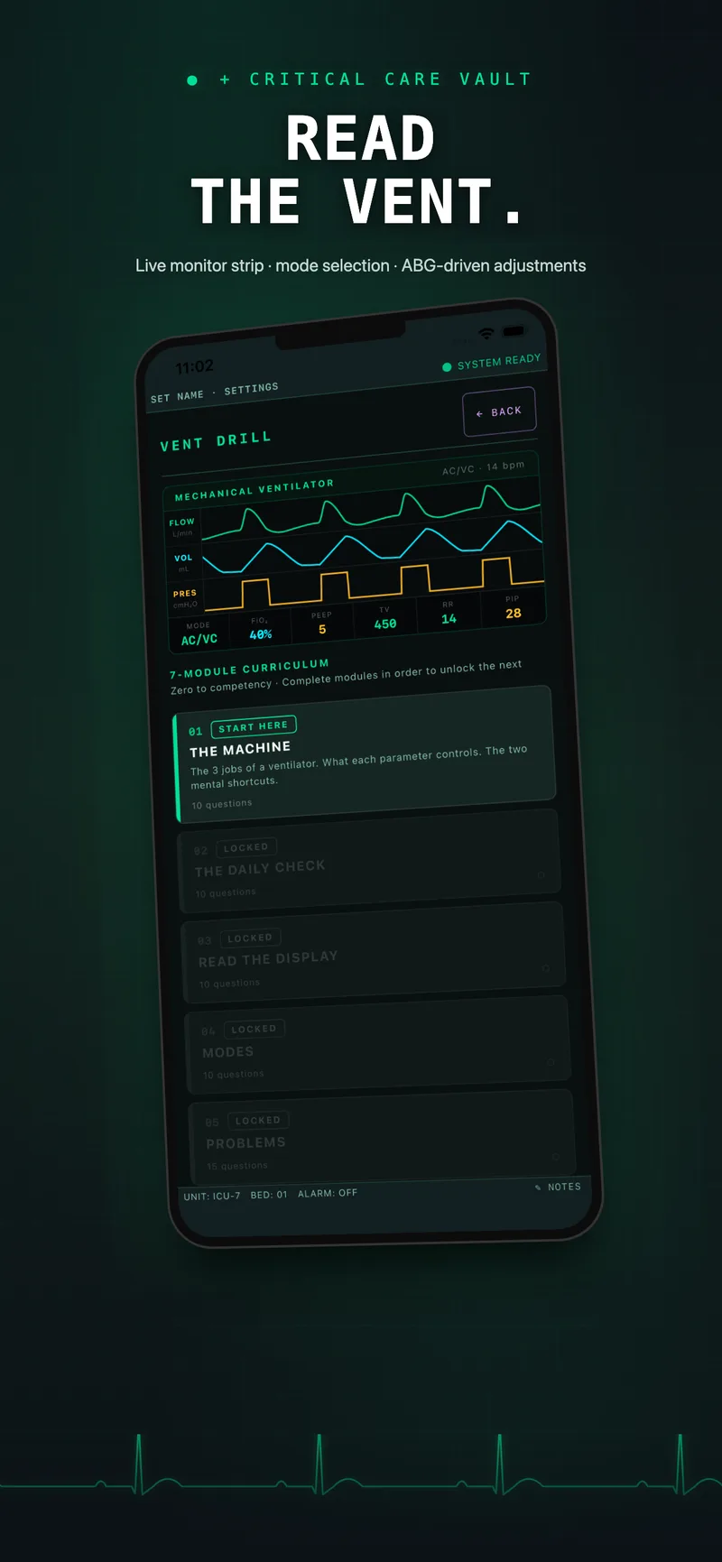 Drill session screen with a clinical scenario and multiple-choice answers.
